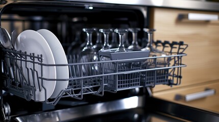 A fully loaded dishwasher in a kitchen. Perfect for illustrating household chores and cleanliness