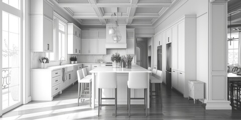 A black and white photo of a kitchen. Suitable for various design projects