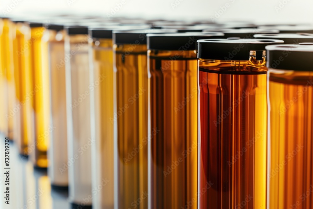 Poster A row of bottles filled with liquid sitting on top of a table. Suitable for various commercial and creative purposes