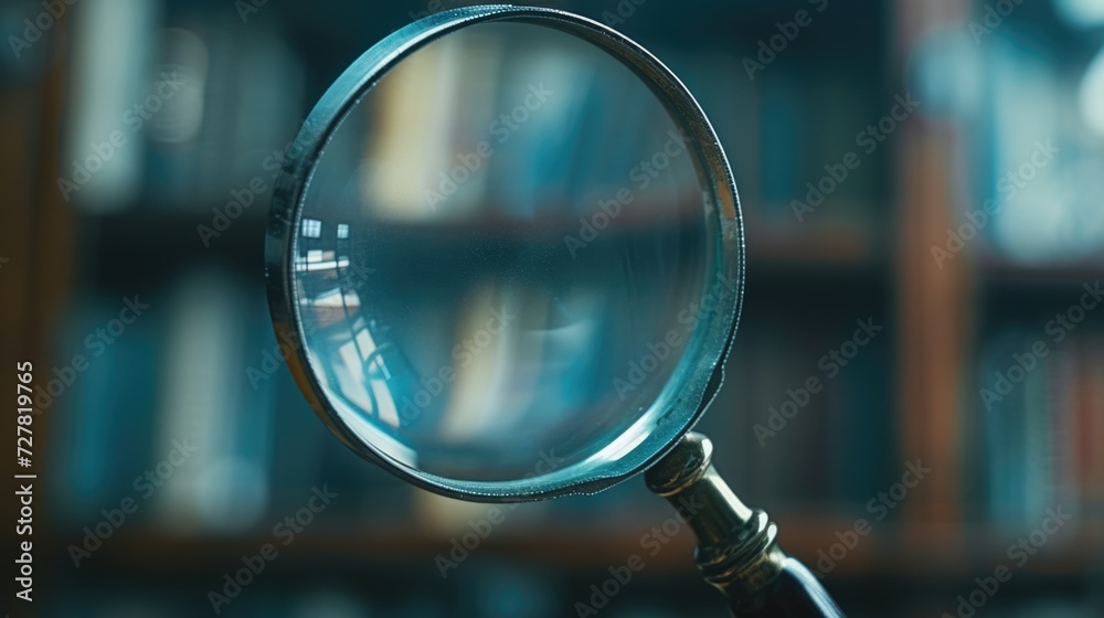 Poster A close-up view of a magnifying glass positioned in front of a bookshelf. Ideal for illustrating concepts related to research, discovery, knowledge, and education