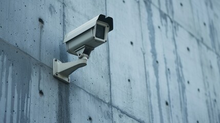 A security camera mounted on a concrete wall. Can be used for surveillance or monitoring purposes