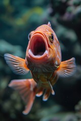 Fototapeta premium A close-up shot of a fish showing its open mouth. This image can be used to illustrate aquatic life or as a visual aid for educational purposes