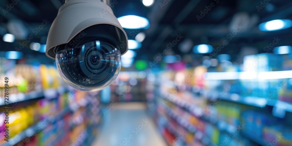 Poster A surveillance camera capturing activity in a grocery store. Can be used for security or monitoring purposes