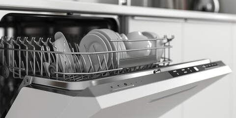 A dishwasher filled with dishes ready to be cleaned. Perfect for showcasing the convenience of modern kitchen appliances