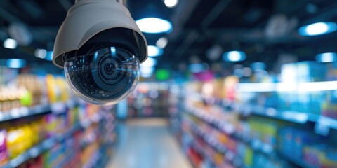 A surveillance camera capturing activity in a grocery store. Can be used for security or monitoring purposes - obrazy, fototapety, plakaty