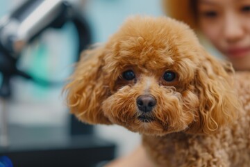 A woman holding a brown dog in front of a sink. Can be used to showcase the bond between humans and their pets.