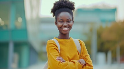 Fototapeta premium A young girl with a backpack smiling at the camera. Suitable for various uses
