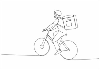 A continuous line drawing of a young male mailman riding a bicycle. Healthy working urban lifestyle concept. Dynamic single line drawing design vector illustration graphic