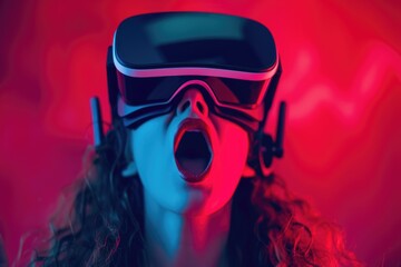 A woman wearing a virtual reality headset with her mouth open. This image can be used to depict the excitement and immersive experience of virtual reality technology