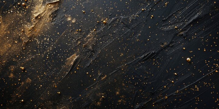 Black surface with gold dots. Suitable for abstract backgrounds or luxury designs