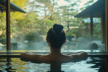 温泉に入る女性の後姿　日本の旅館イメージ