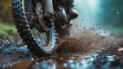 The off-road bike wheel, covered in mud, spun rapidly as the off-road vehicle navigated through the rugged terrain - obrazy, fototapety, plakaty