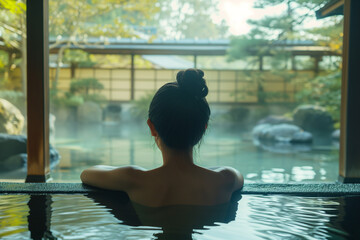 温泉に入る女性の後姿　日本の旅館イメージ