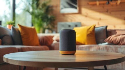 A smart speaker placed on a wooden table, suitable for technology or home decor themes