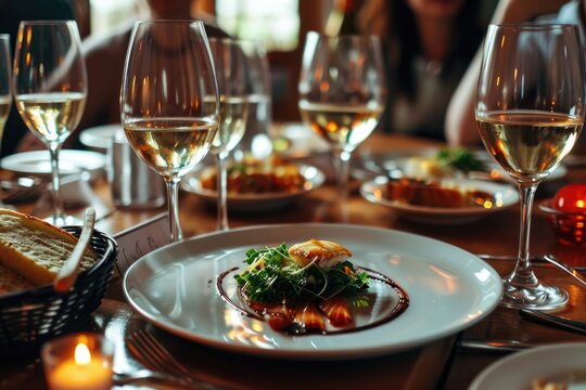 A plate of food and glasses of wine placed on a table. Perfect for restaurant menus or food and wine themed designs