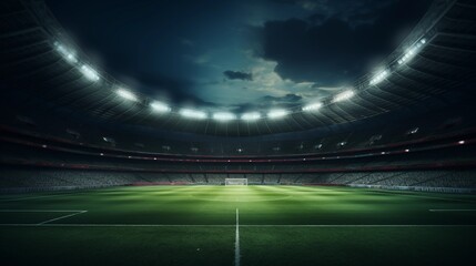 Fototapeta na wymiar Night Football at Stadium with Bright Lights, Green Field, Empty Arena with Seats, Sport Concept.