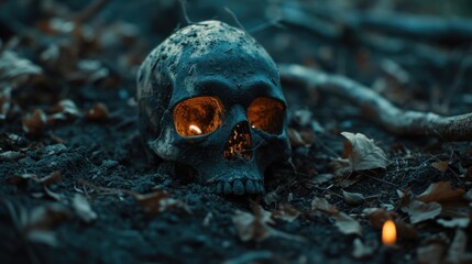 Fototapeta premium A skull sitting in the middle of a forest. Can be used for Halloween-themed designs or as a symbol of mortality and nature's cycle