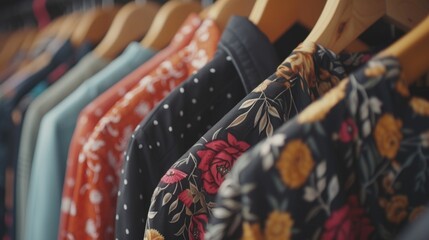 A collection of shirts hanging on a rack. Suitable for clothing store advertisements or fashion-related articles - obrazy, fototapety, plakaty