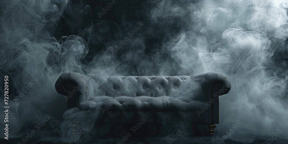 Poster A picture of a couch covered in smoke in a dark room. Perfect for adding a mysterious and atmospheric touch to any design project