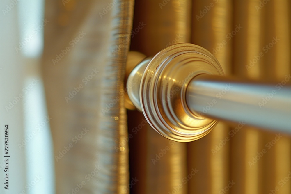 Poster a detailed view of a door handle on a curtain. this image can be used to depict privacy, home securi