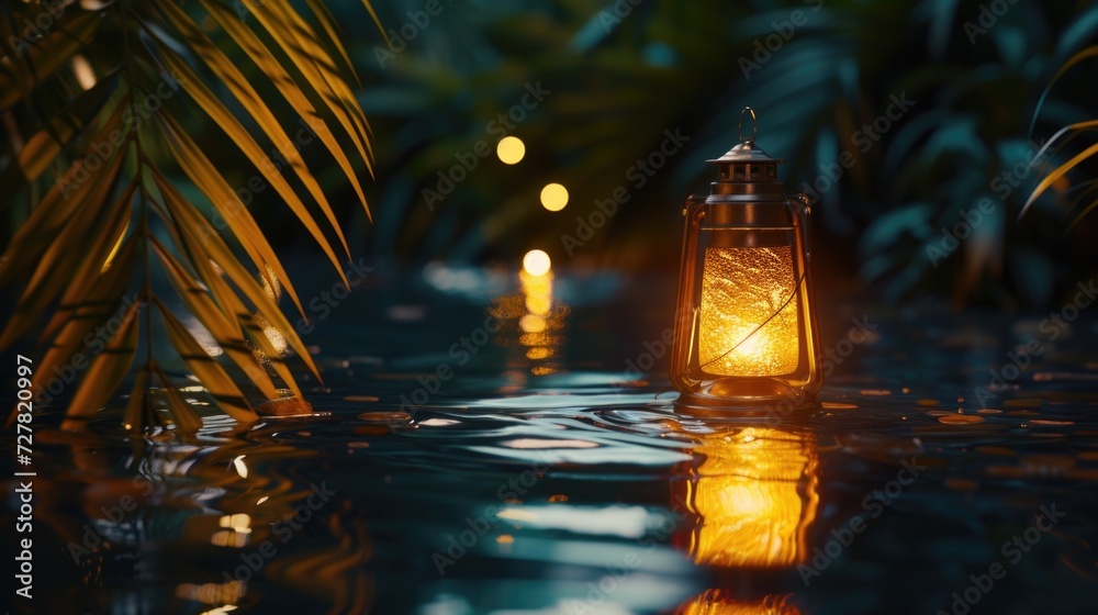 Poster a lantern illuminated in the water. perfect for creating a serene and magical ambiance.