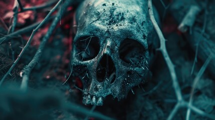 A close up of a skull in the woods. Perfect for spooky or Halloween-themed designs