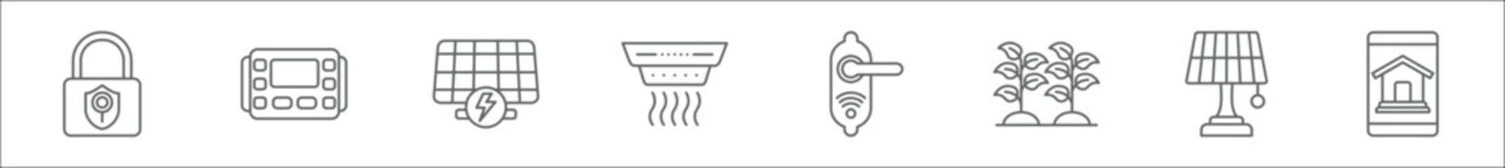 outline set of domotics line icons. linear vector icons such as padlock, video door phone, solar panel, smoke detector, door knob, garden, desk lamp, smart home - obrazy, fototapety, plakaty