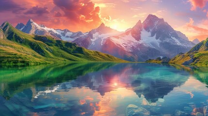 A majestic mountain landscape at sunset, snow-capped peaks, a crystal-clear lake reflecting the vibrant sky, serene nature. Resplendent.