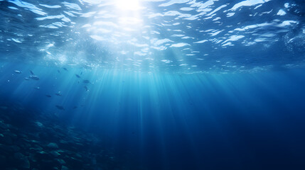 Fototapeta na wymiar Dark blue ocean surface seen from underwater. Generative AI.