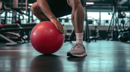 A man is squatting on a red ball in a gym. This versatile image can be used to showcase fitness, exercise, balance, strength, and workout concepts