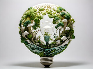 Organic Art Design ESG eco, people, wildlife, in the light bulb in light white Background. environmental social governance and sustainable, clean energy