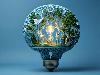 Organic Art Design ESG eco, people, wildlife, in the light bulb in light blue Background. environmental social governance and sustainable, clean energy.