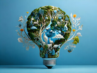 Organic Art Design ESG eco, people, wildlife, in the light bulb in light blue Background. environmental social governance and sustainable, clean energy. 