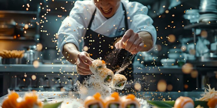 Chef in action: creating culinary wonders, professional kitchen dynamics, focus on exquisite cooking techniques. burst of flavors captured. AI