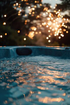 A picture of a hot tub with colorful lights in the background. This image can be used to showcase relaxation and luxury