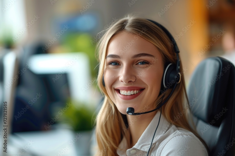 Aufkleber a woman wearing a headset is smiling as she sits in front of a computer. this image can be used for 