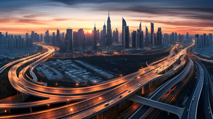 Fototapeta na wymiar Drone view of cityscape with luminous highway in long exposure and skyscrapers under sunset sky. Generative AI.