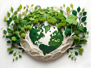 Organic Art Design Earth Day in white Background. Nature, trees and green leaves. intricate details.