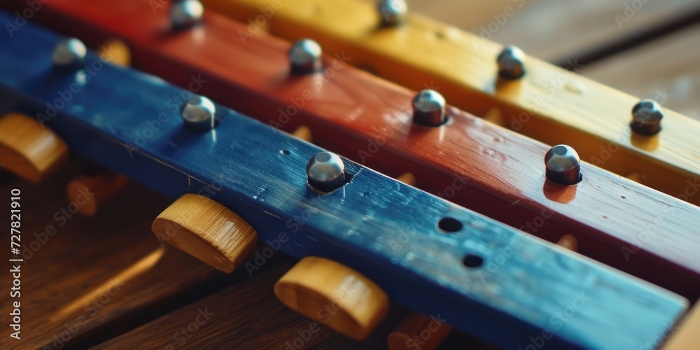Poster close up of a colorful wooden instrument on a table. ideal for music-related projects