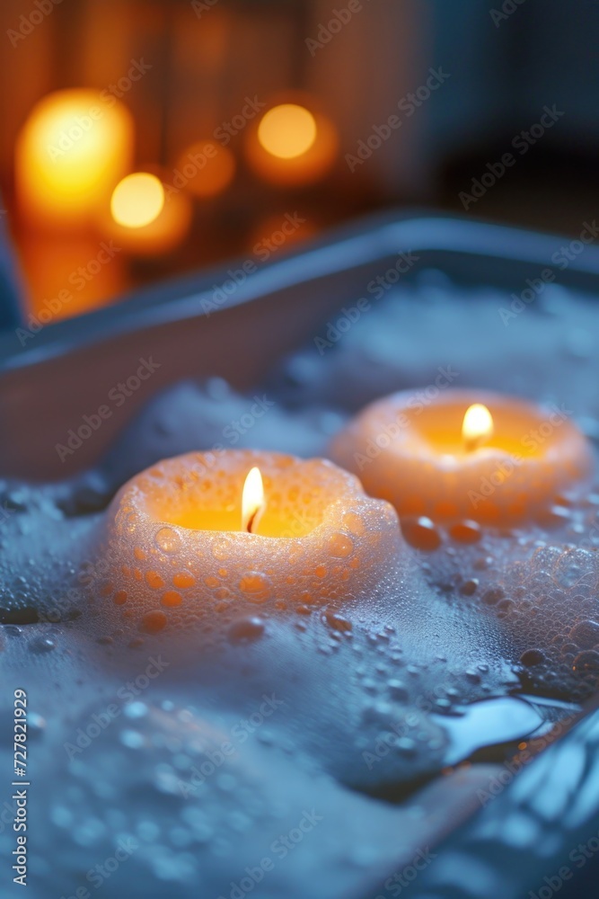 Aufkleber Three lit candles floating in a tray of water. Ideal for creating a relaxing ambiance or for use in spa and wellness themed projects