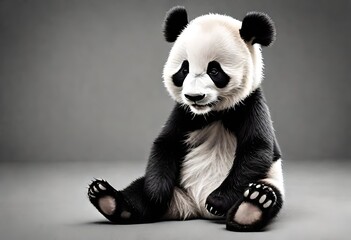 Panda siting on grey floor 