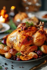 A plate of delicious roasted chicken sitting on a table. Perfect for food lovers and culinary enthusiasts