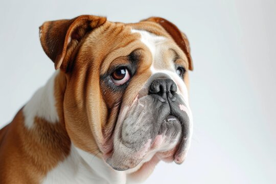 A detailed close up of a dog's face against a clean white background. Perfect for pet owners, veterinarians, or any dog-related publications