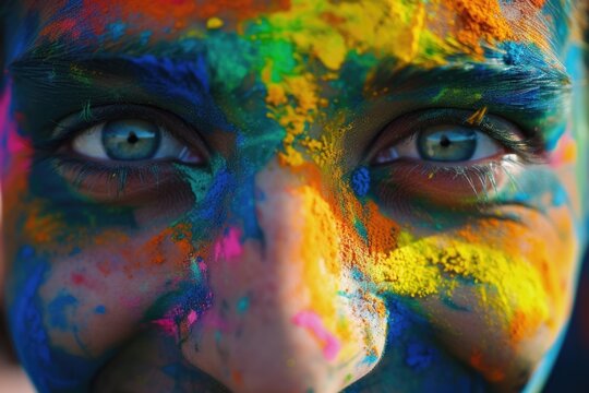 A close-up shot of a person with paint on their face. This image can be used for various creative projects or as a vibrant and expressive portrait