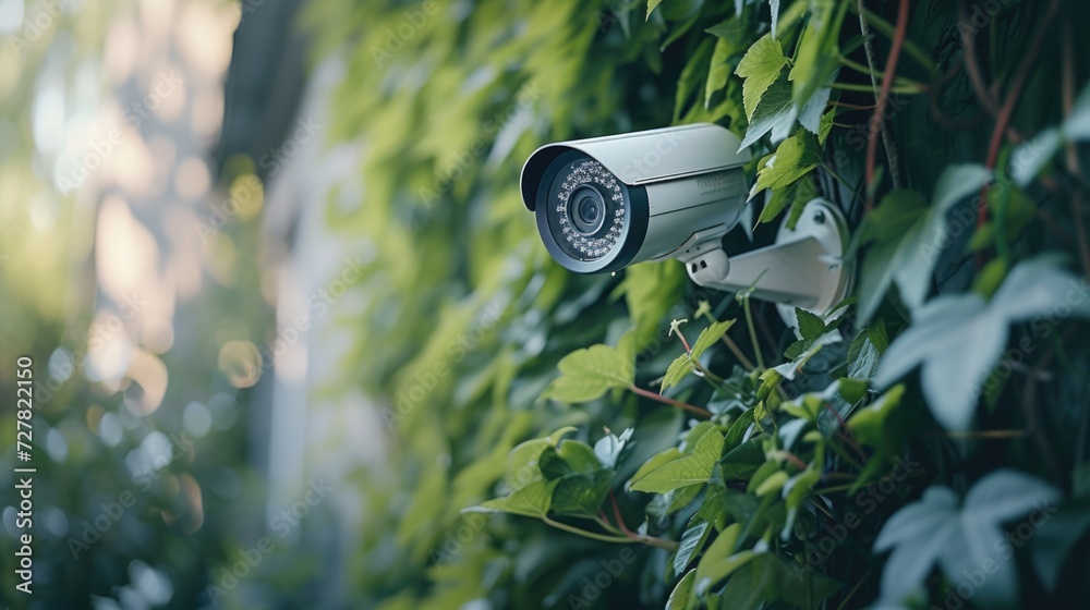 Poster a security camera mounted on the side of a tree. can be used to monitor outdoor areas for surveillan
