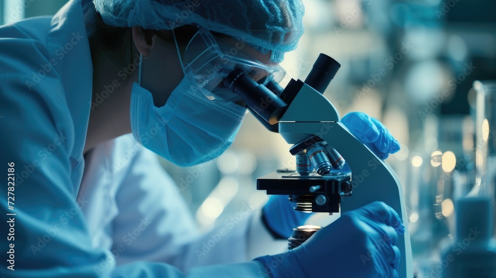 Poster a woman wearing a lab coat is seen carefully observing through a microscope. this image can be used 