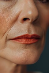 A close-up view of a woman's face highlighting her red lipstick. This image can be used to showcase beauty, makeup, or fashion trends