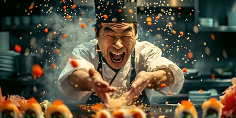 Dynamic chef in action, cooking a fiery dish. culinary energy illustrated in a vivid shot. perfect for restaurant promos. AI