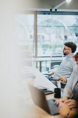 Diverse business team collaborates on financial growth and marketing strategies in a vibrant office environment.