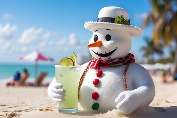 snowman drinking a margarita on the beach
